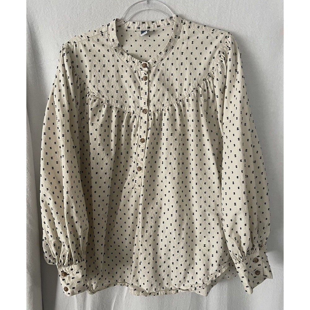 Old Navy Blouse Womens XXL Cream Black Swiss Dot Henley Long Sleeve Top Shirt